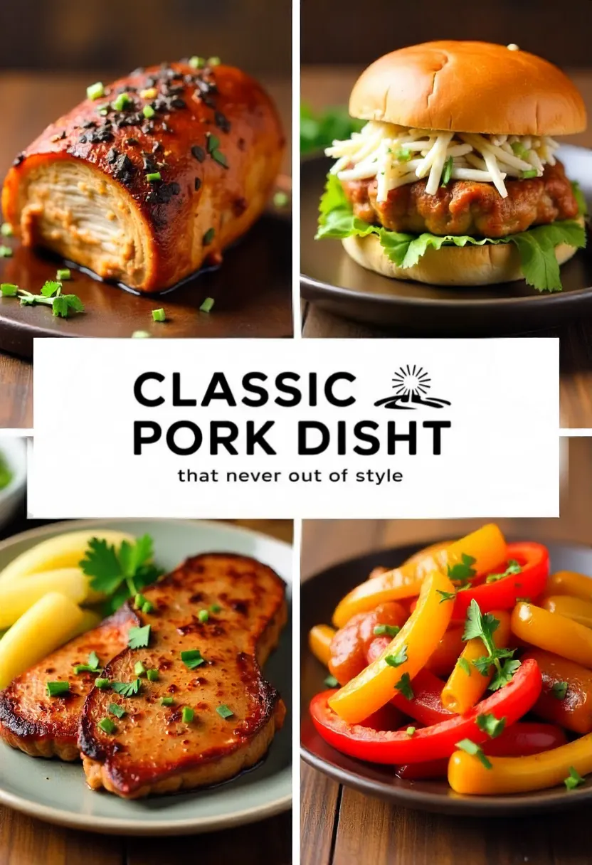 Collage of classic pork dishes: roast, pulled pork, pork chops with apples, and sweet and sour pork.
