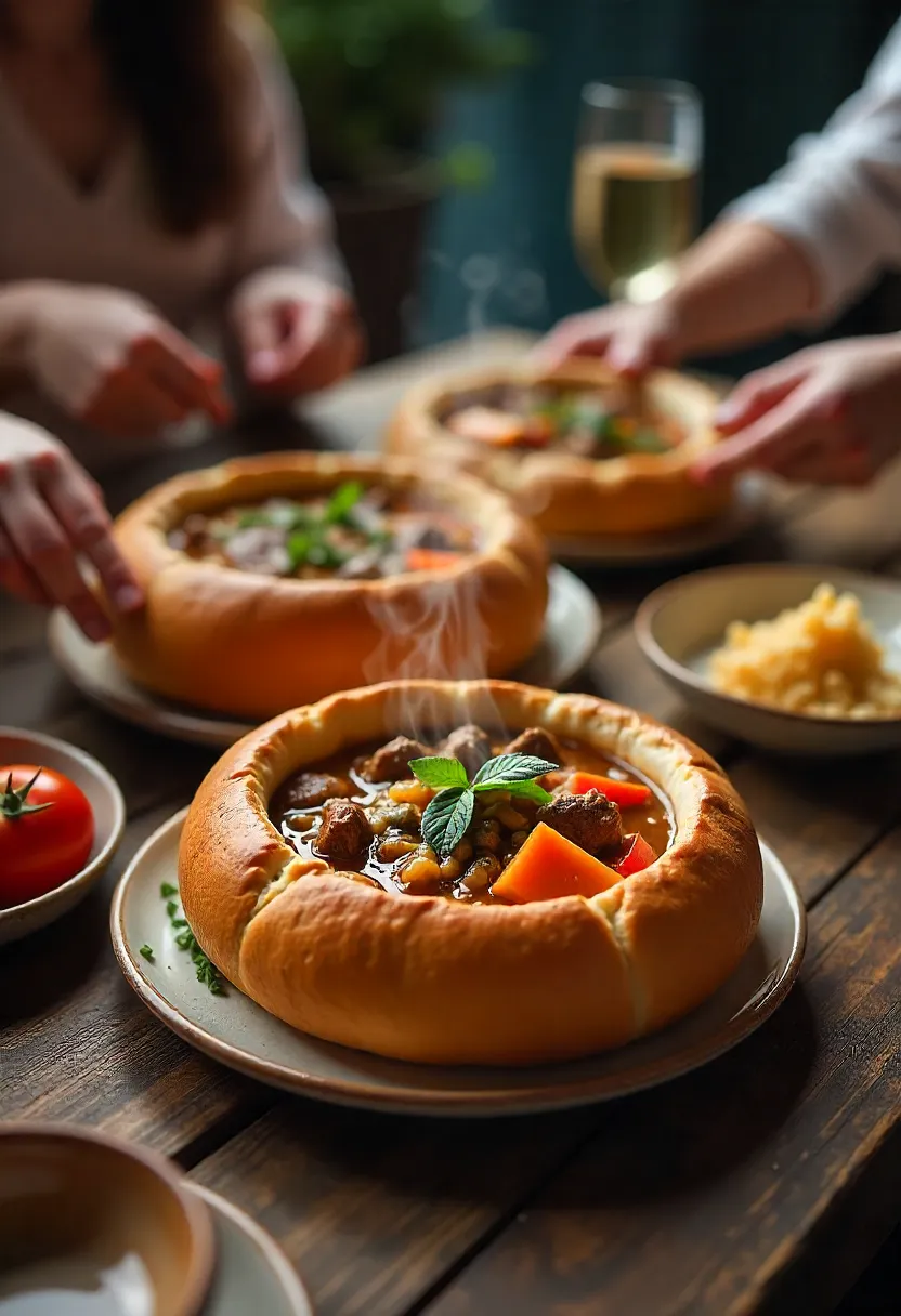 Family or friends enjoying hearty beef stew in bread bowls at a cozy, festive table.