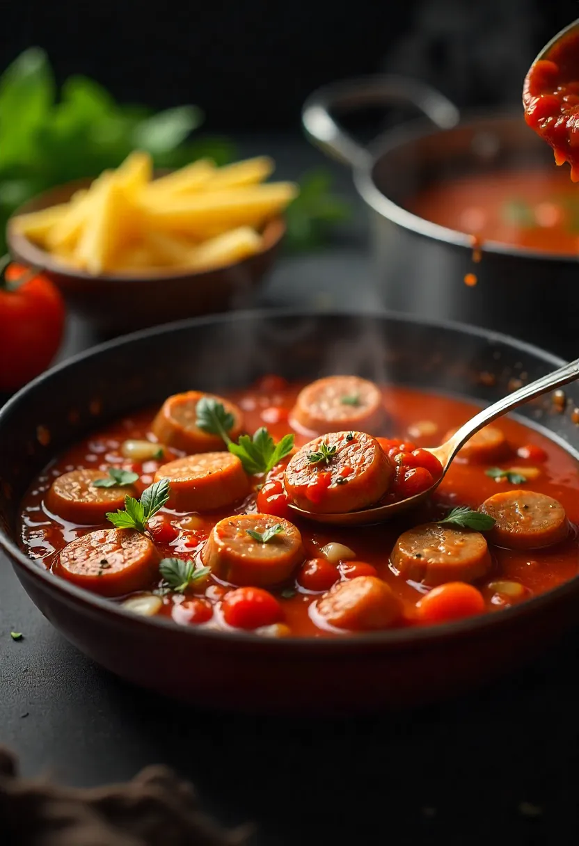 Sizzling sausage and tomato sauce in a skillet with boiling pasta and fresh herbs nearby.