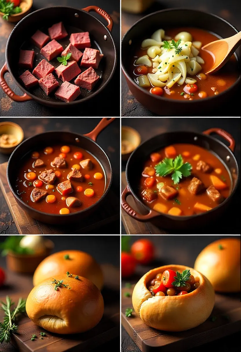 Step-by-step cooking process of beef stew with bread bowls and fresh ingredients.