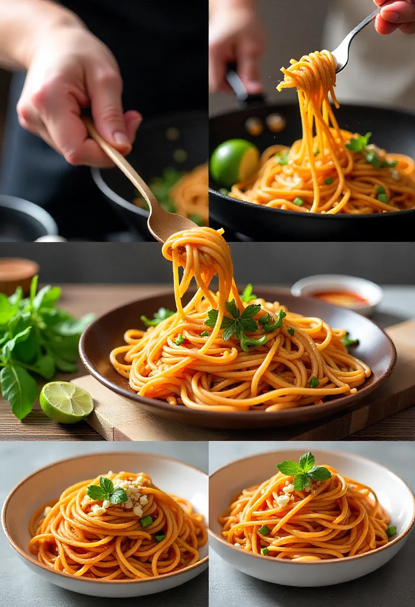 Collage showing professional cooking techniques for chili garlic noodles with garlic, sauce, and noodles."