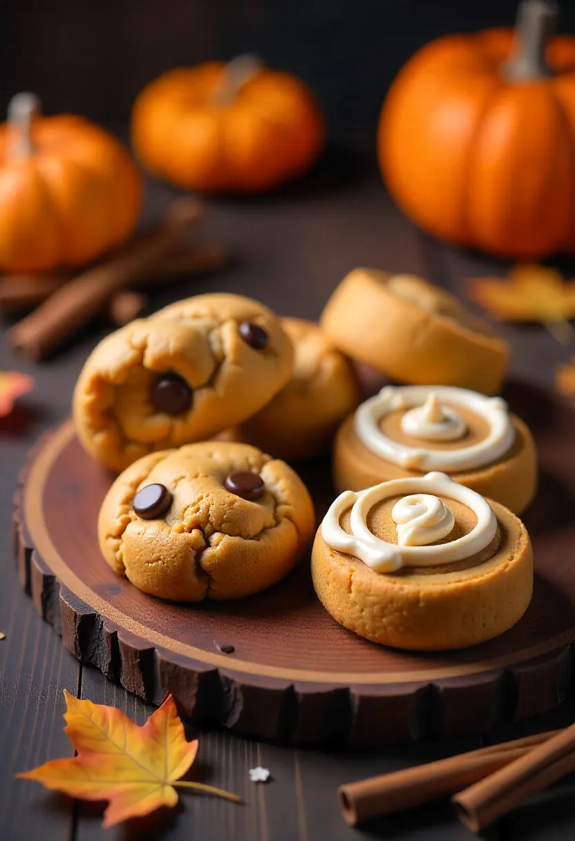 Collage of pumpkin cookies, brownies, and cinnamon rolls on a rustic autumn table.