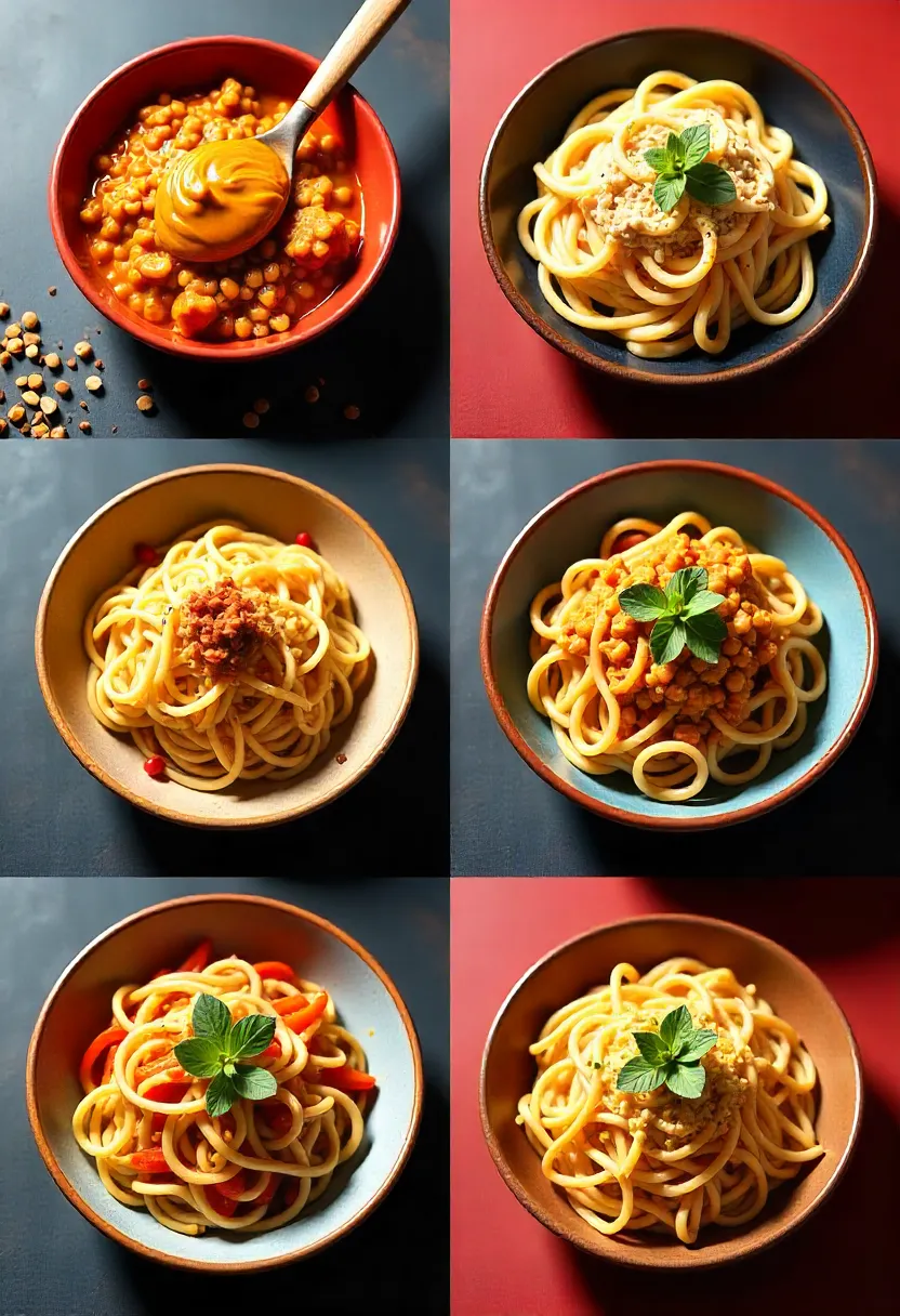 Collage of chili garlic noodle variations including peanut, coconut, Szechuan, cold salad, and butter-enriched versions.