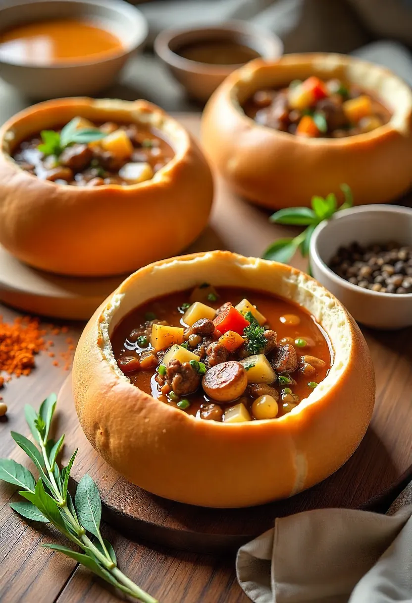 Collage of bread bowl stew variations with vegetables, mushrooms, and spices for creative cooking.