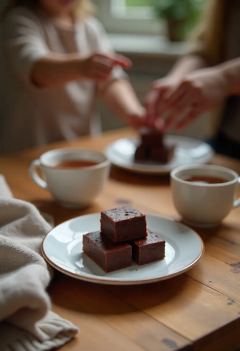 No-bake cacao dessert squares on a wooden table with tea, blanket, and hands of guests and children reaching for them.