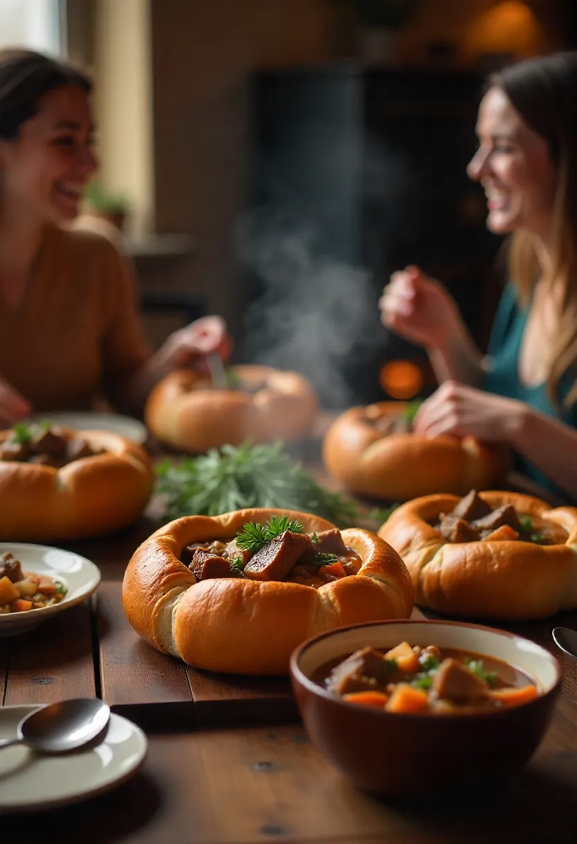 Friends sharing beef stew in bread bowls at a cozy, warm dining table.