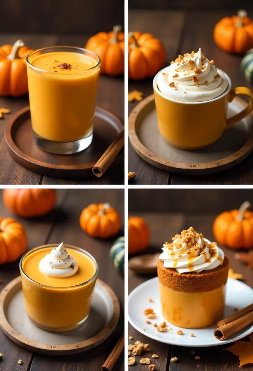 Quick pumpkin desserts: pumpkin mousse, mug cake, and layered parfaits on a rustic autumn table.
