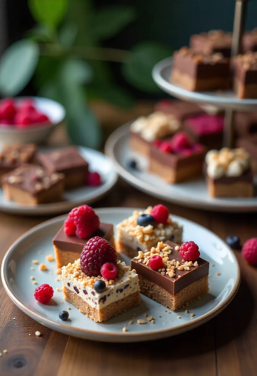 Various no-bake cacao dessert squares with coconut, nuts, berries, espresso, and peanut butter toppings on a wooden table.