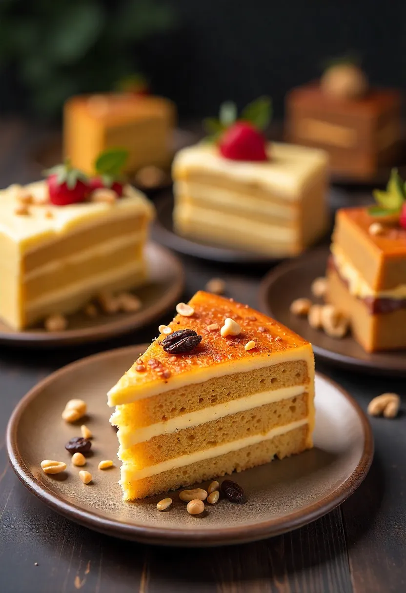 Various decorated honey cakes with cream, nuts, fruits, and chocolate, highlighting creative home baking ideas.