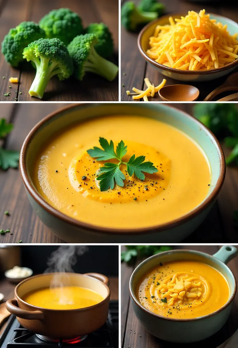 Fresh ingredients for broccoli cheddar soup including broccoli, cheddar, cream, butter, and spices on a wooden counter.