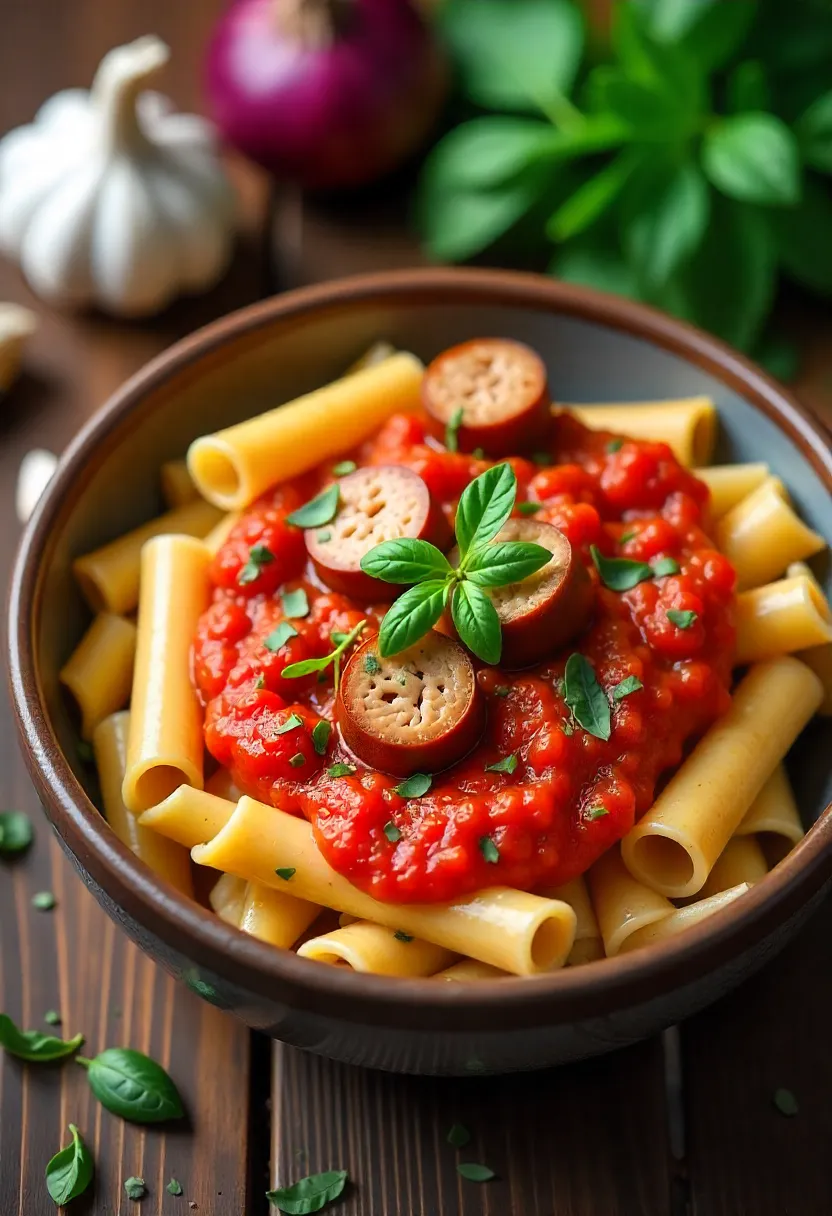 Rustic bowl of pasta with sausage, tomato sauce, and fresh herbs on a wooden table.