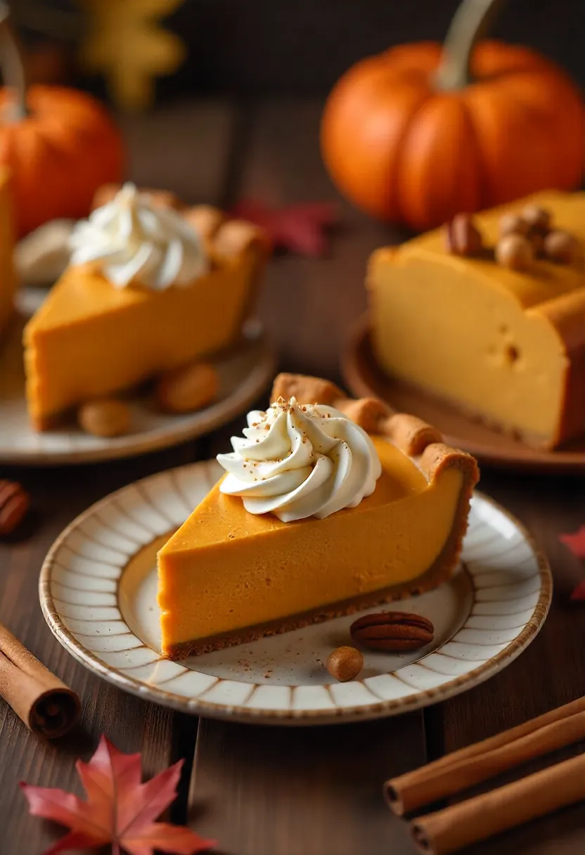 Collage of pumpkin pie, pumpkin bread, and pumpkin cheesecake on a rustic table with autumn leaves and spices.