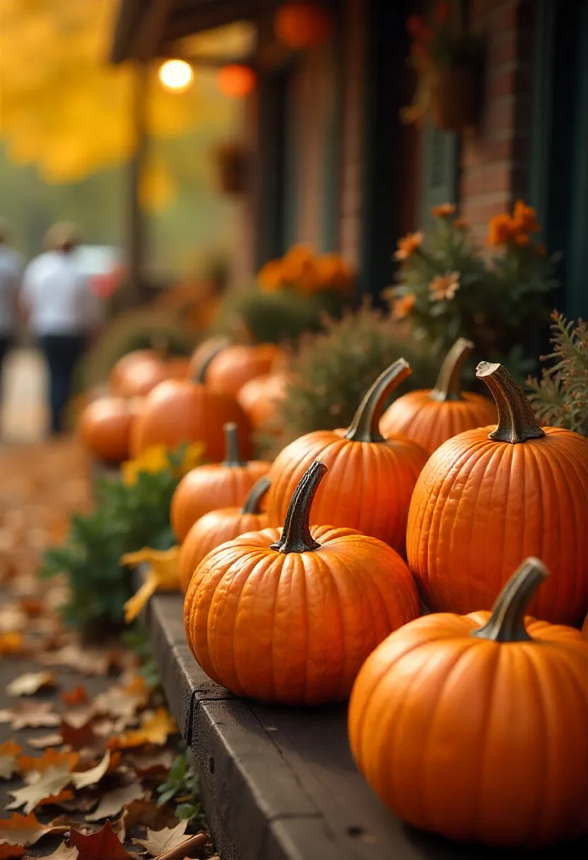 Autumn pumpkins at a market and on porches with leaves and cinnamon sticks, evoking cozy fall desserts.
