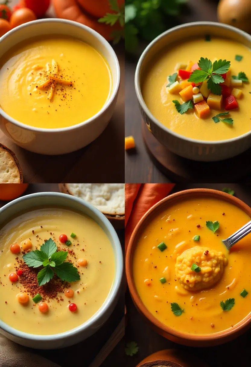 Collage of creamy soups from around the world, including broccoli cheddar, French bisque, Italian minestrone, and Thai coconut soup.