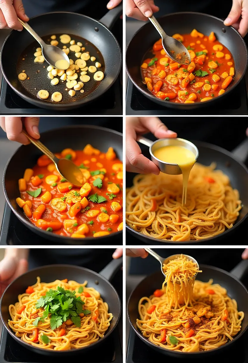 Collage of step-by-step chili garlic noodle preparation from boiling noodles to garnishing.