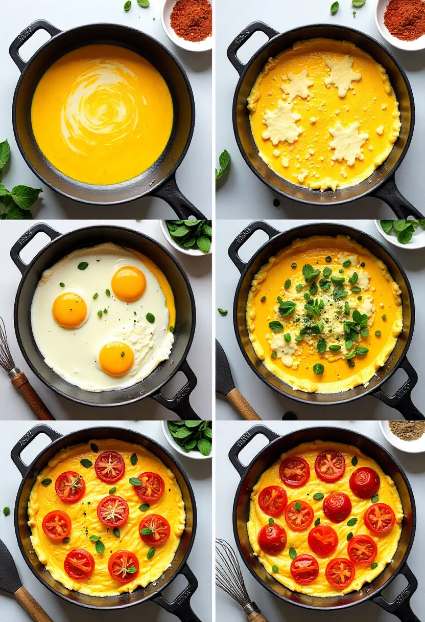 Collage showing tips for making Cheesy Tomato Scramble: cooking eggs, adding cheese, roasting tomatoes, and seasoning.