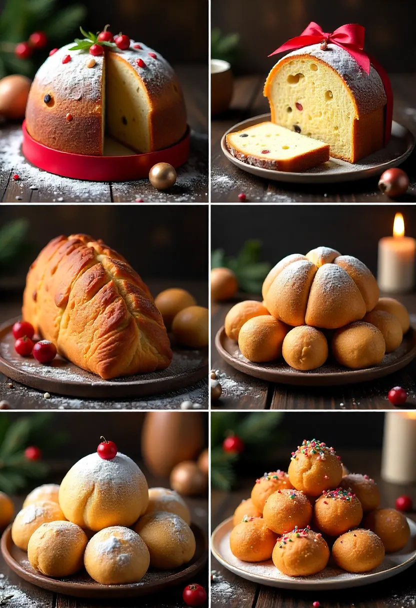 Collage of Italian festive desserts: Panettone, Colomba Pasquale, and Struffoli on a holiday table.