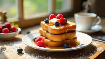 Golden French toast with berries, butter, syrup, and coffee on a sunny breakfast table.