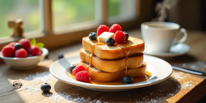 Golden French toast with berries, butter, syrup, and coffee on a sunny breakfast table.