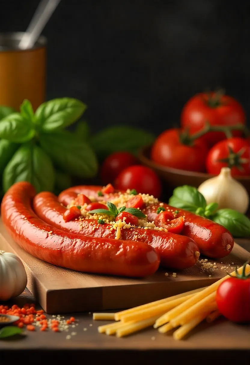 Fresh ingredients for sausage and tomato pasta on a wooden countertop.
