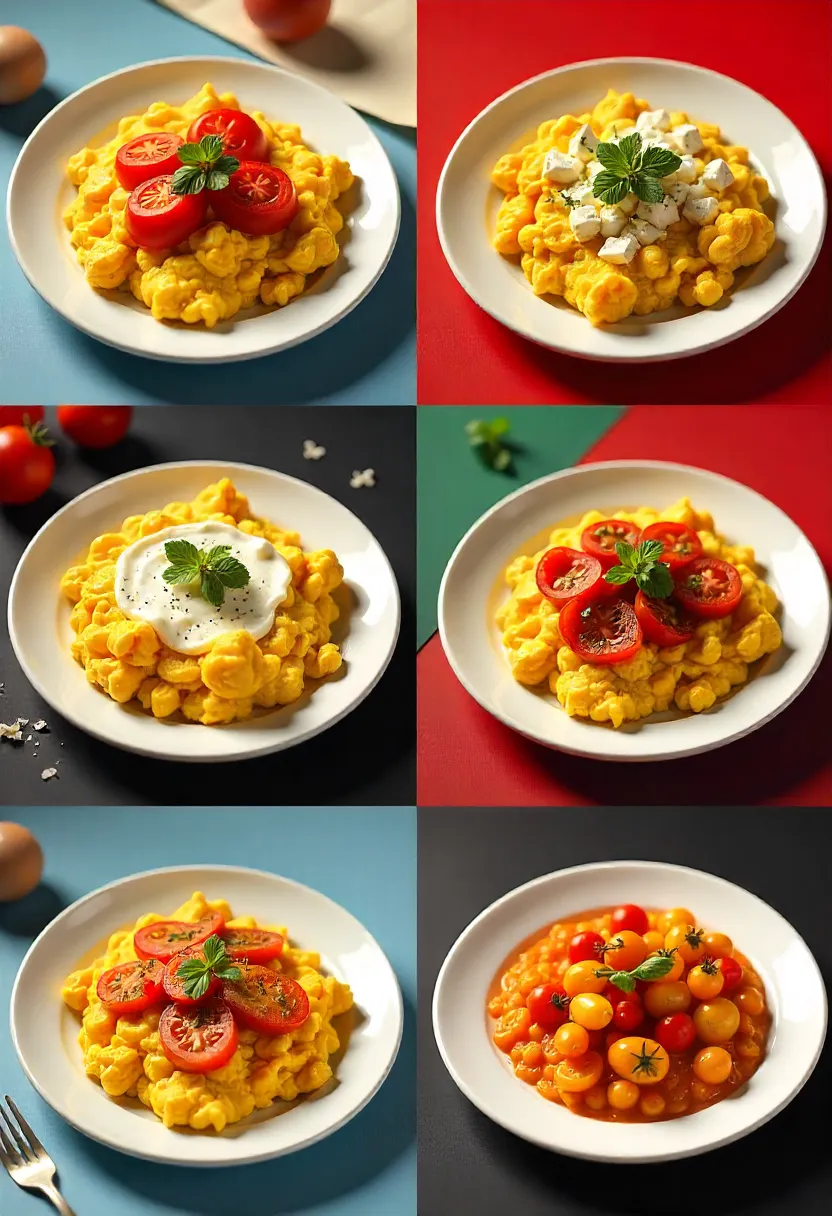 Cheesy tomato scramble in Italian, Greek, Indian, French, and Chinese styles with corresponding national flags in the background.