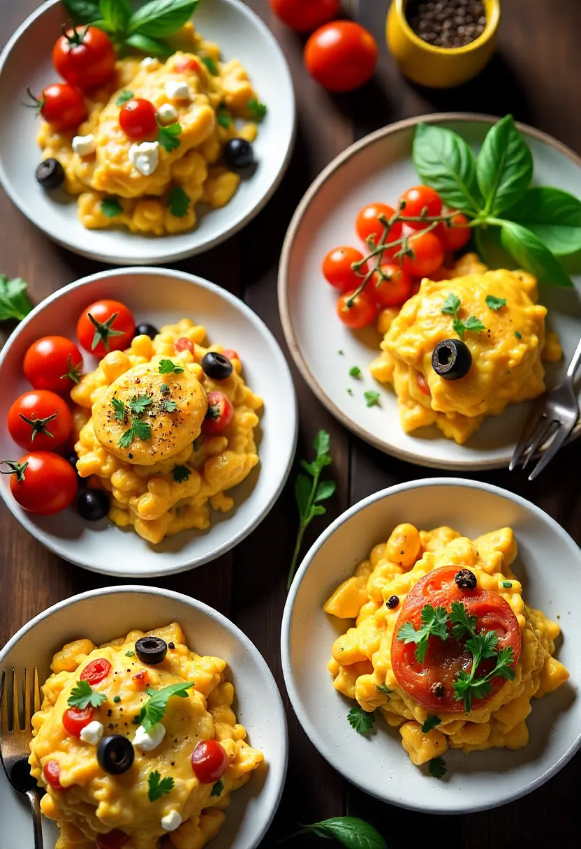 Collage of different Cheesy Tomato Scramble variations: Mediterranean, spicy, luxury, herb, and vegan versions.