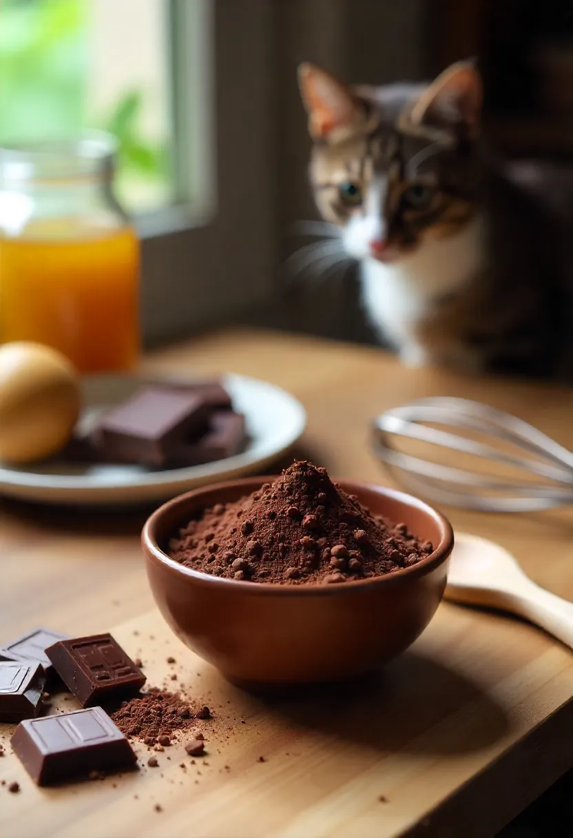 Raw cacao powder in a bowl with chocolate squares and ingredients on a wooden countertop, a cat curiously watching.