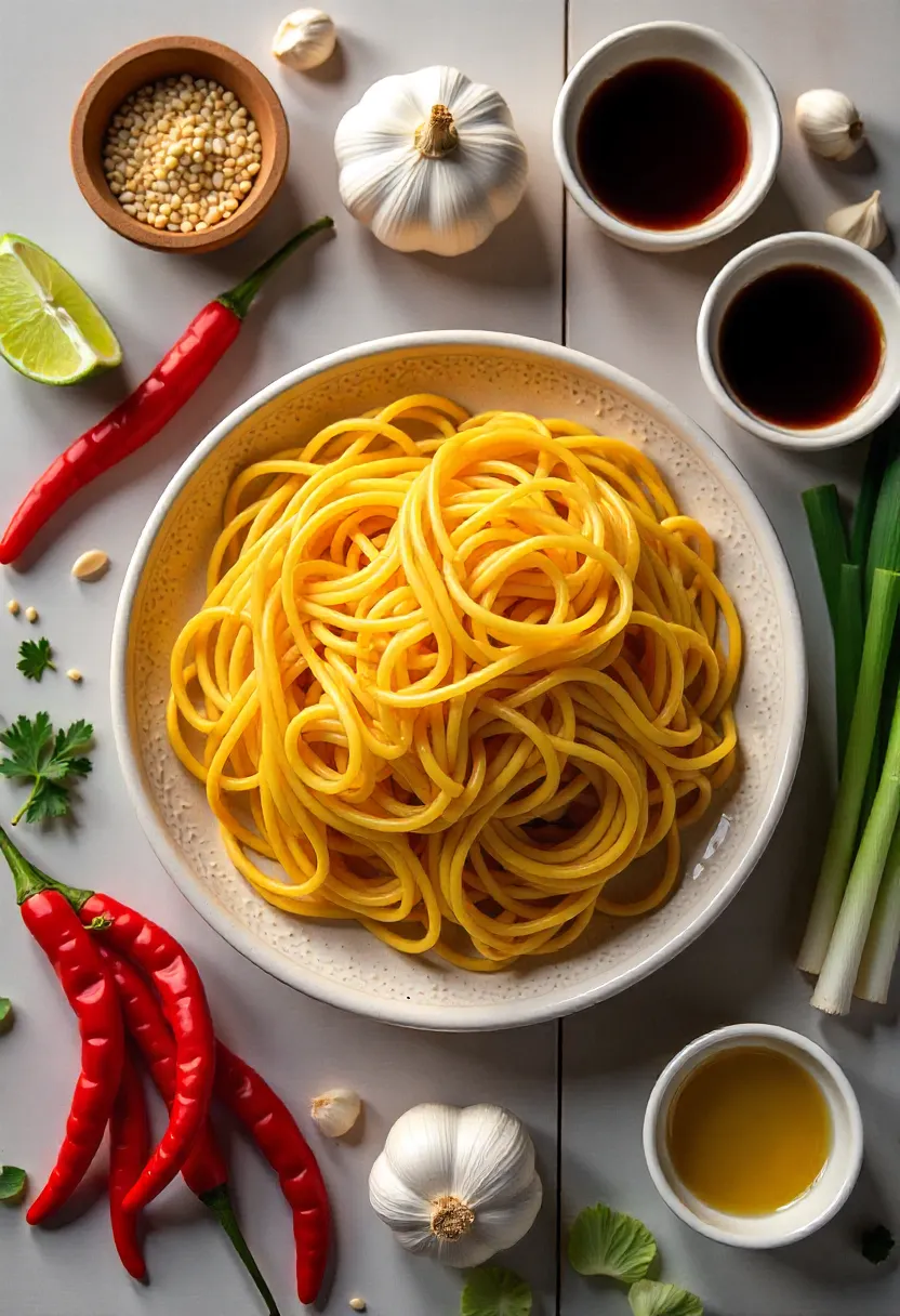 Collage of ingredients for chili garlic noodles including noodles, garlic, chili, soy sauce, and green onions.