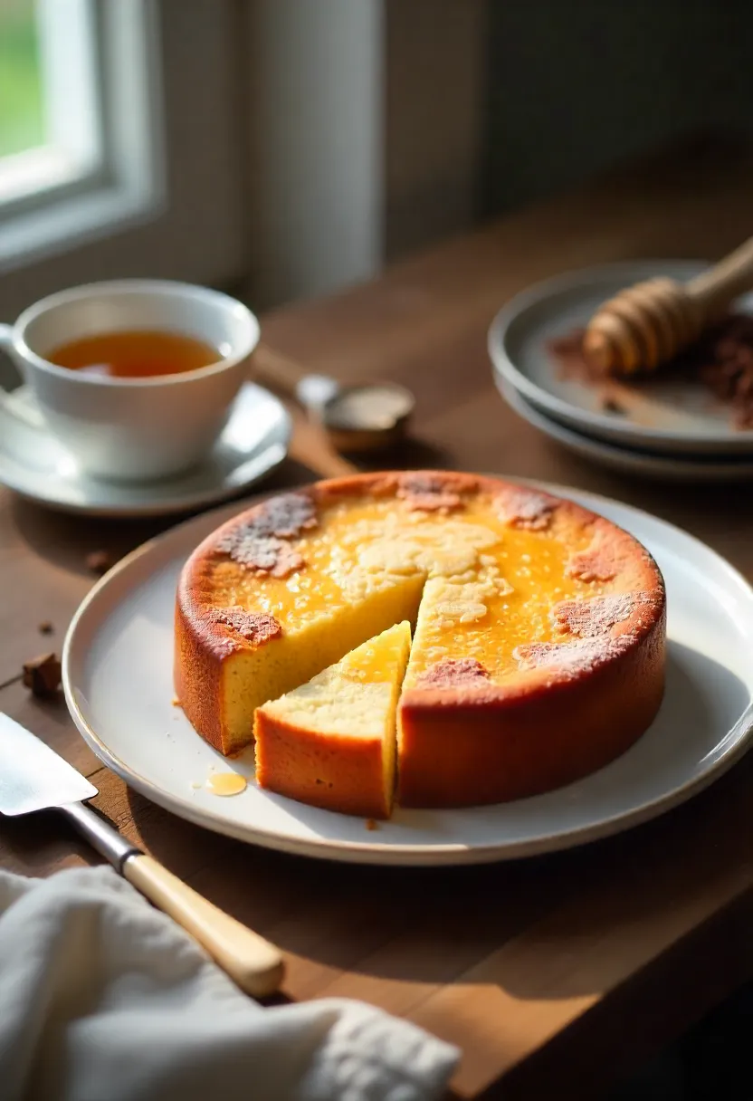 Homemade honey cake with honey drizzle, tea, and baking tools, creating a cozy, nostalgic home-baking scene.