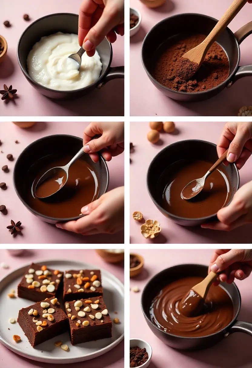Collage of steps to make no-bake cacao dessert: melting fat, mixing cacao, sweetening, adding toppings, pouring into mold, and cut dessert squares.