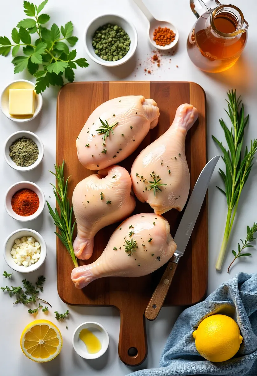 Flat lay of raw chicken legs and all ingredients for herb-roasted chicken, including herbs, butter, garlic, and spices.