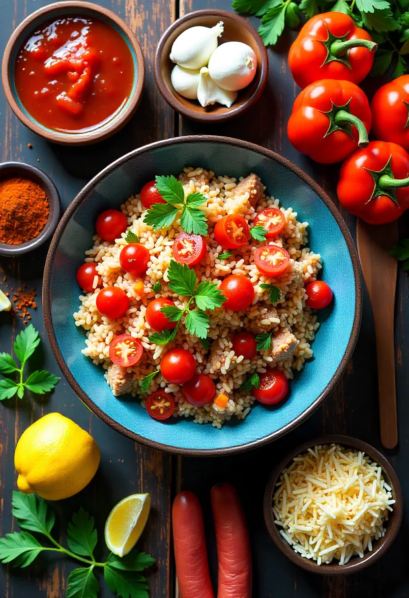Flat lay of ingredients for Spanish meat and tomato rice, including meat, rice, vegetables, spices, and garnishes on a wooden surface.