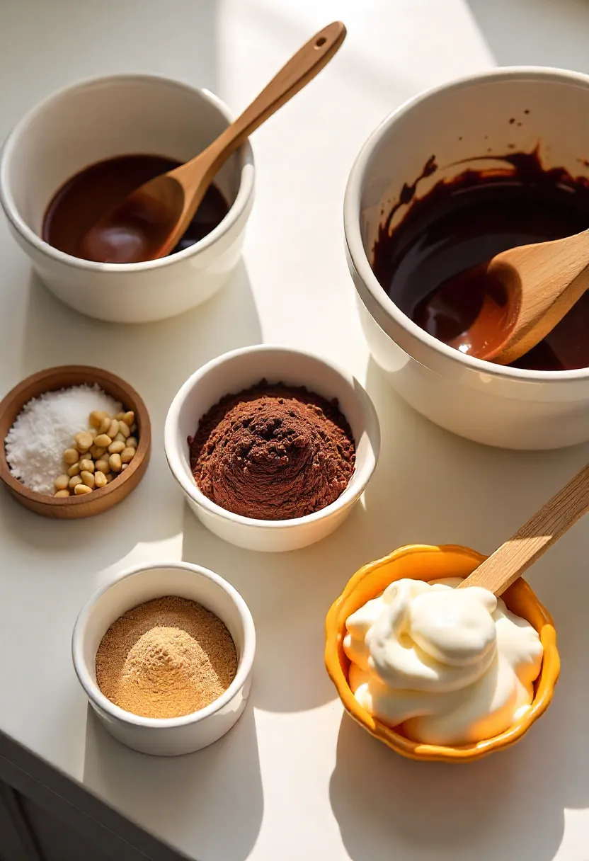 Ingredients for a no-bake cacao dessert arranged on a countertop with bowls, spatula, and silicone mold.