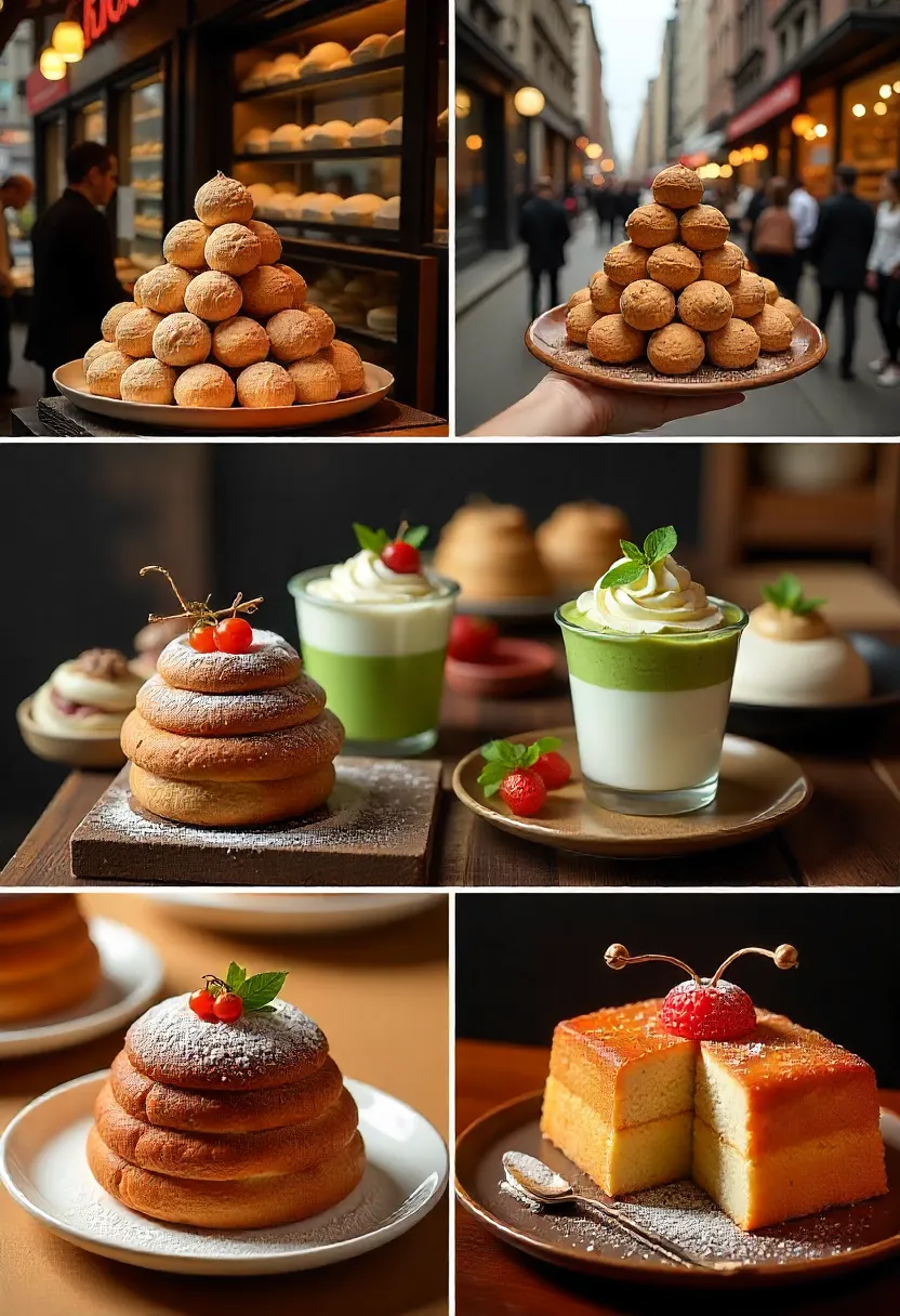 Global collage of Italian desserts: cannoli in New York, green tea tiramisu in Tokyo, and Panettone in South America.