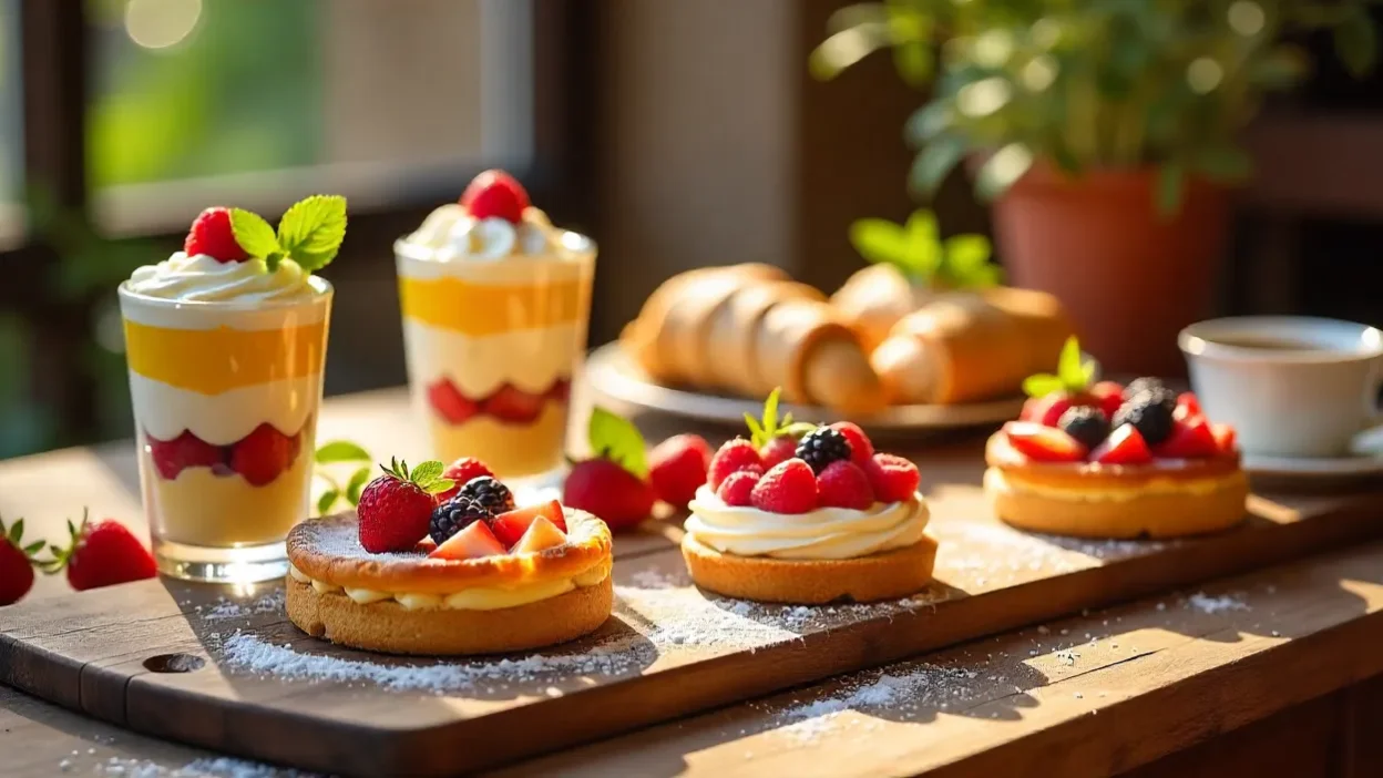 Colorful Italian desserts including tiramisu, cannoli, panna cotta, Torta Caprese, and Crostata di Frutta on a rustic table.