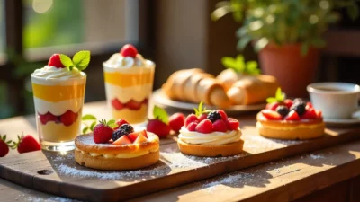 Colorful Italian desserts including tiramisu, cannoli, panna cotta, Torta Caprese, and Crostata di Frutta on a rustic table.