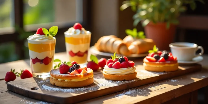Colorful Italian desserts including tiramisu, cannoli, panna cotta, Torta Caprese, and Crostata di Frutta on a rustic table.
