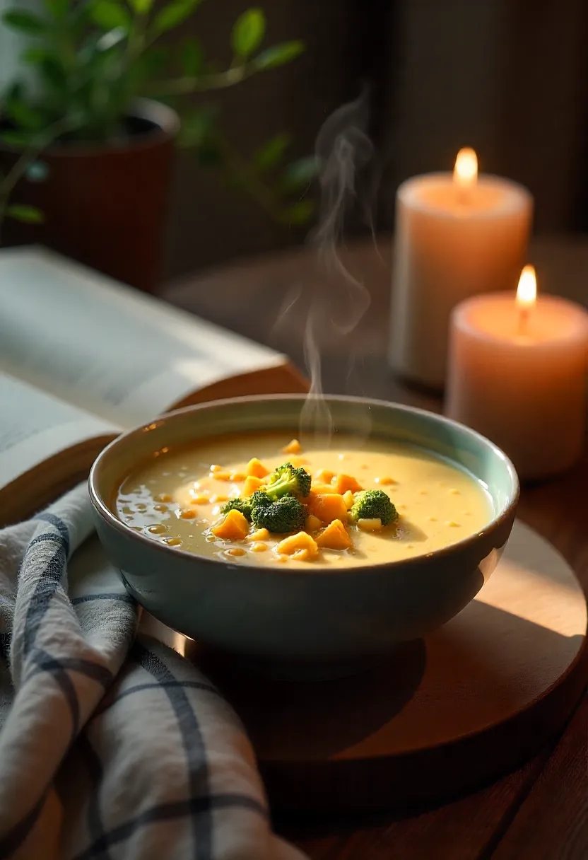 Cozy scene with a steaming bowl of broccoli cheddar soup, a blanket, and an open book on a wooden table.