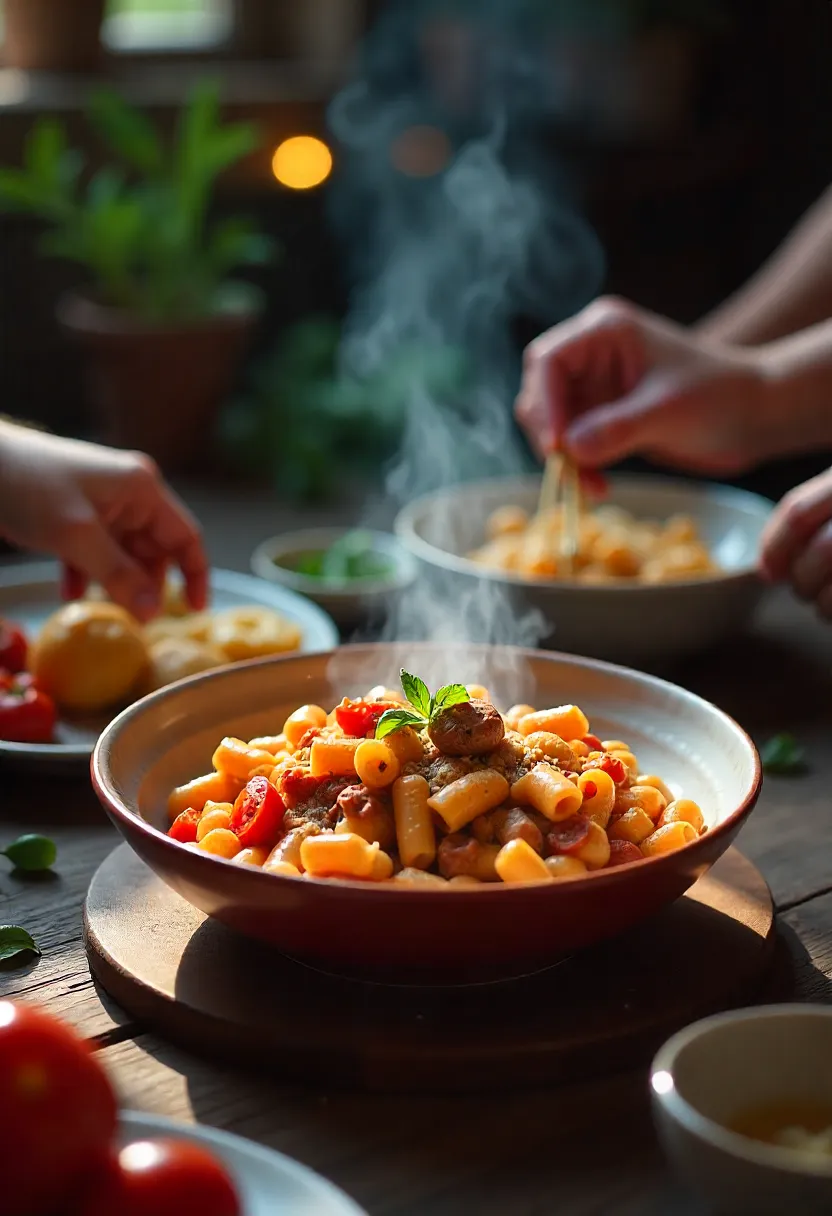 Steaming bowl of sausage-tomato pasta shared among family and friends.