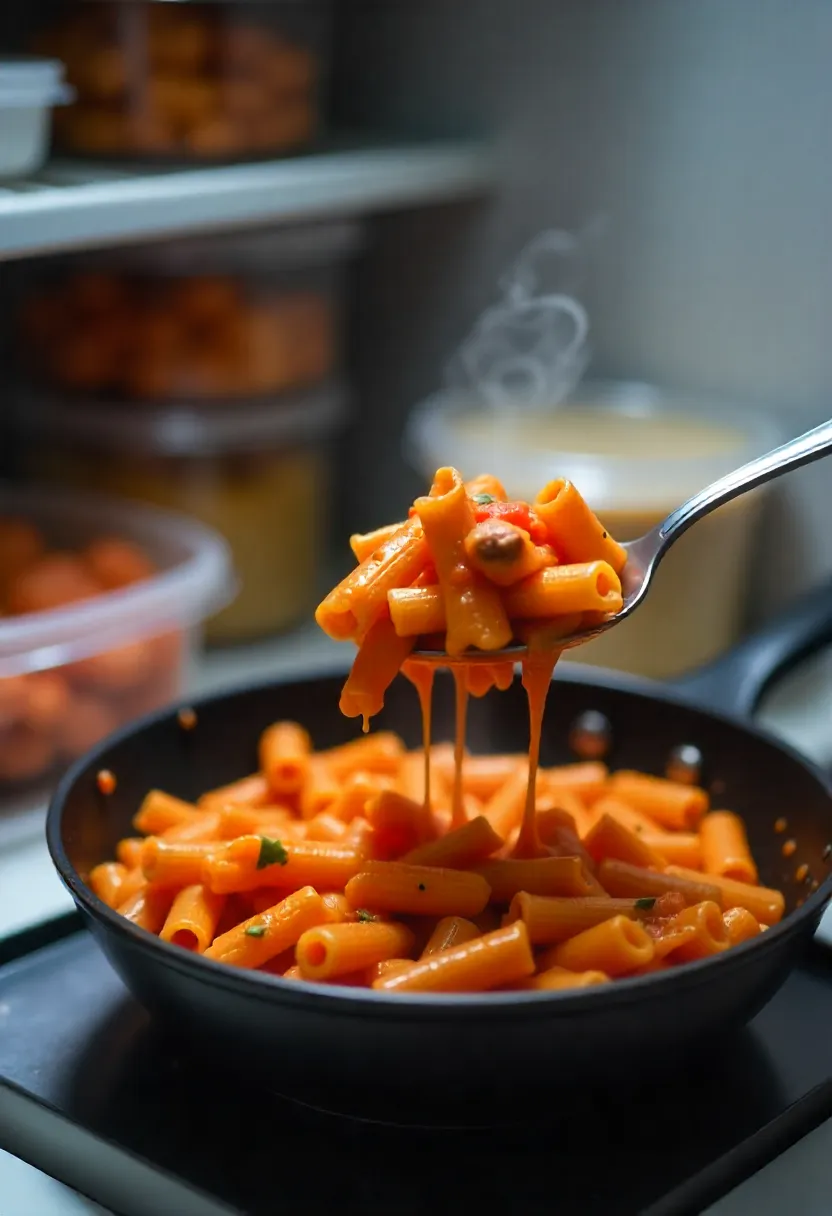 Reheated sausage-tomato pasta in a pan with leftovers in containers nearby.