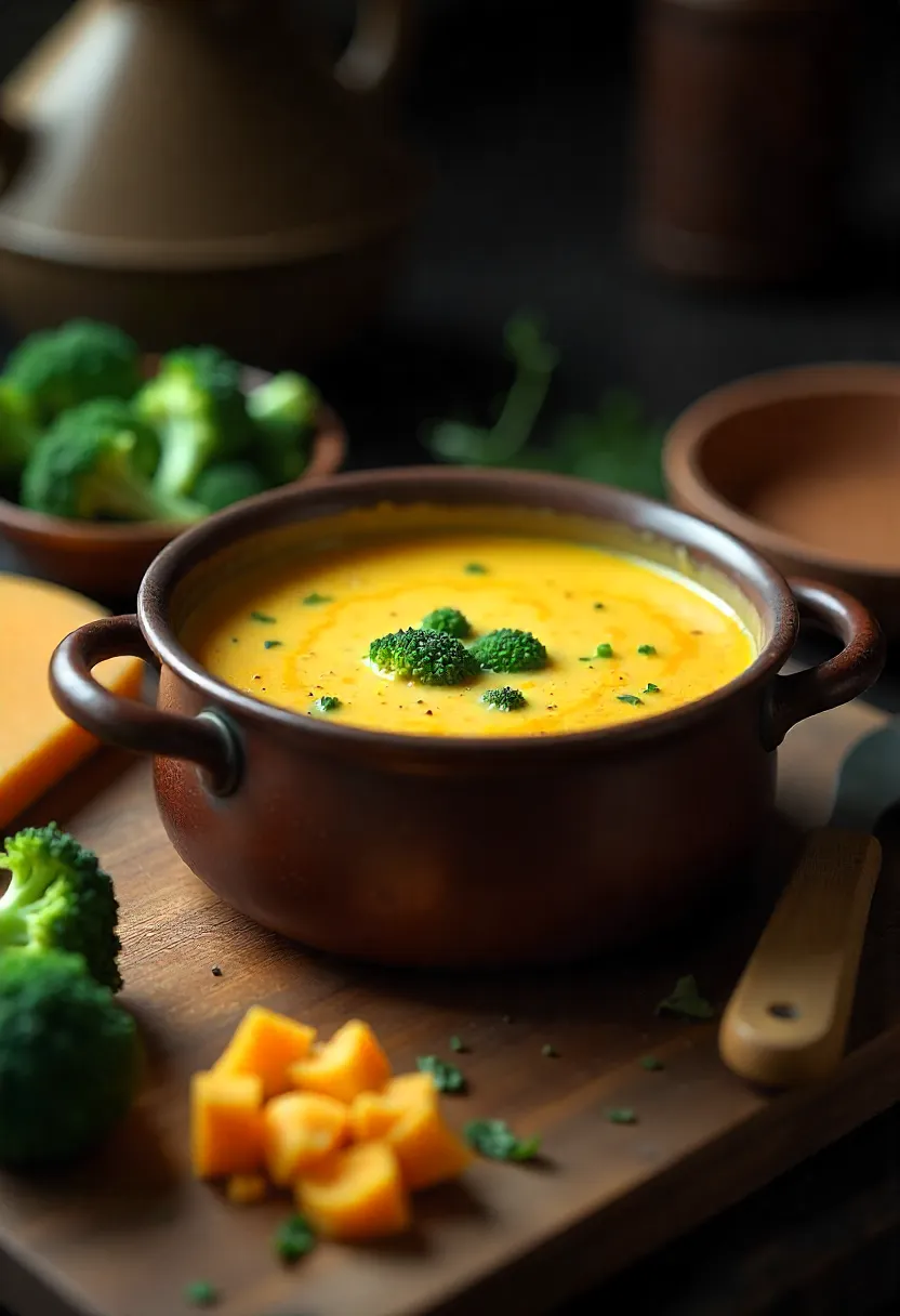 Rustic kitchen with broccoli cheddar soup simmering on the stove and fresh ingredients nearby.