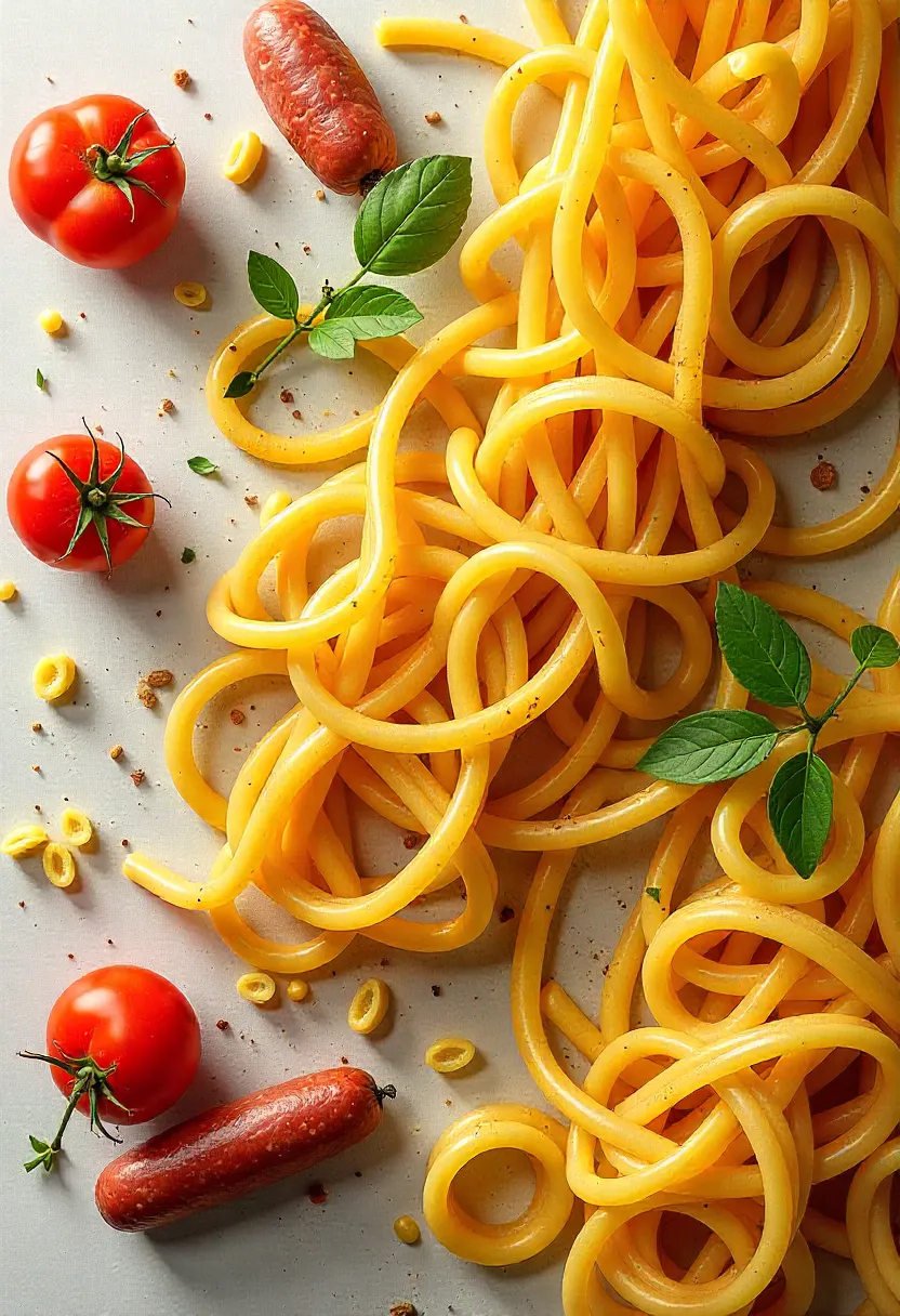 Historical collage of pasta, tomatoes, and Italian sausages through the centuries.