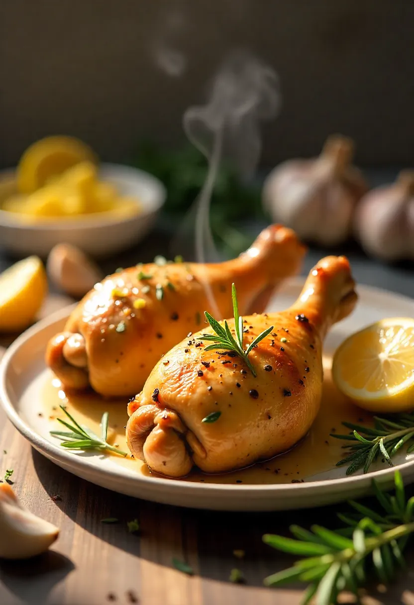 Person taking golden herb-roasted chicken legs out of the oven in a cozy kitchen.