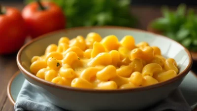 Bowl of creamy mac and cheese with melted cheese and golden breadcrumb topping.