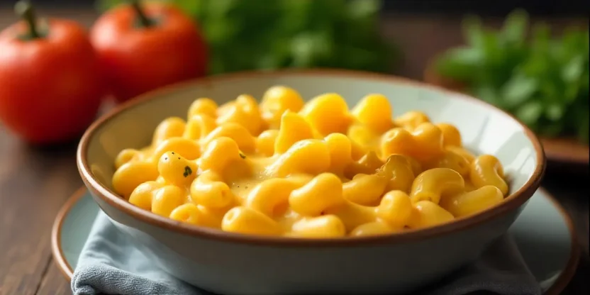 Bowl of creamy mac and cheese with melted cheese and golden breadcrumb topping.