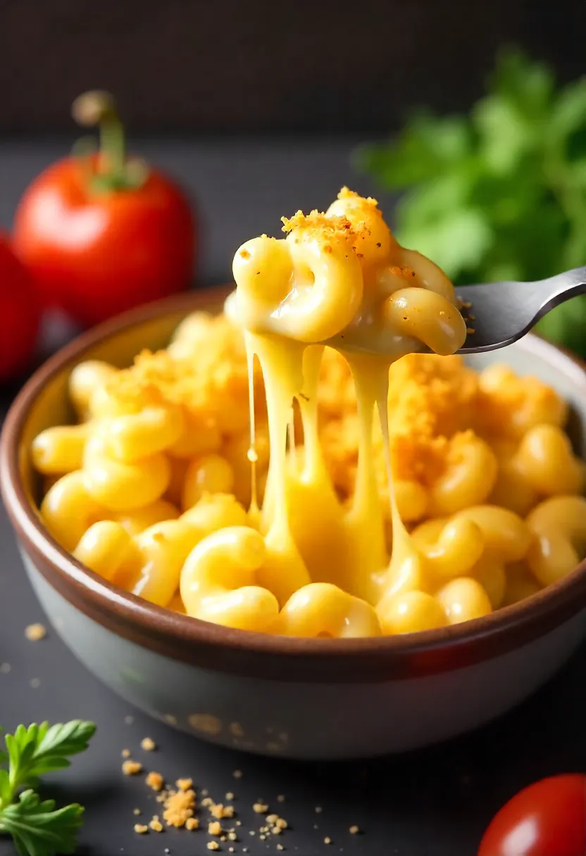 A vibrant, close-up shot of a creamy, golden mac and cheese in a rustic bowl, with melted cheese stretching from a fork.