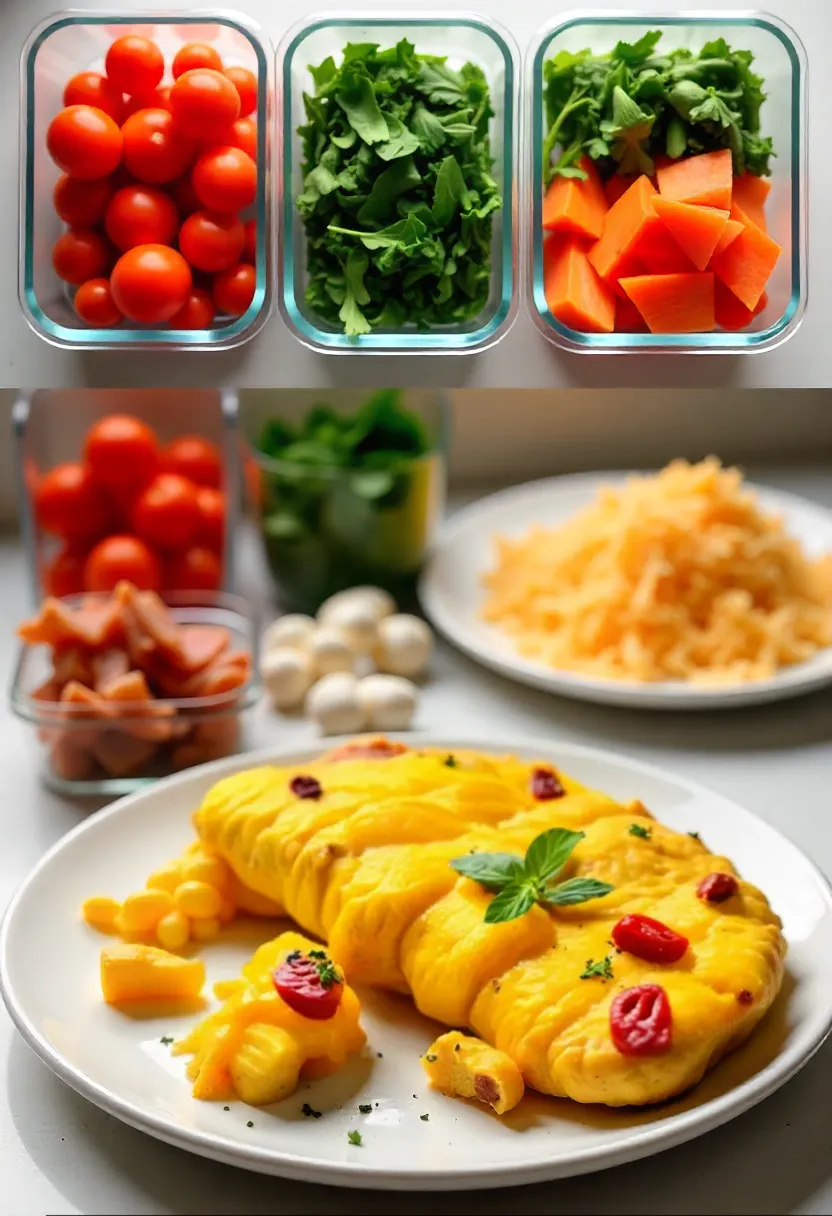 Prepped ingredients for cheesy tomato scramble including chopped vegetables, herbs, cheese, and cooked bacon ready for quick breakfast assembly.