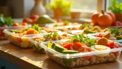 Colorful keto meal prep containers with fresh healthy foods.