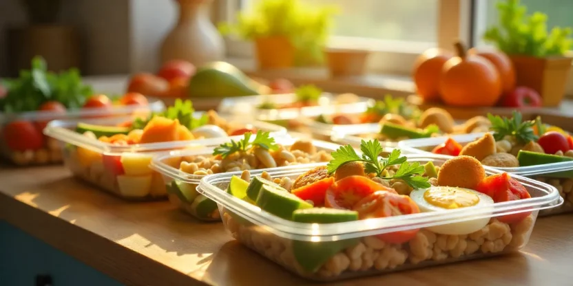 Colorful keto meal prep containers with fresh healthy foods.
