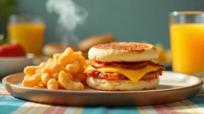Homemade McDonald’s-style breakfast with sandwich, hash browns, mini pancakes, and orange juice on a bright kitchen table.